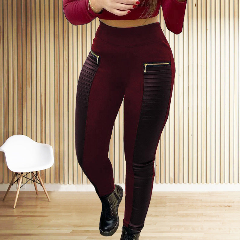 Plus Size Women's Faux Leather Splice Pants With Zip Detail Slim Fit Trousers For Spring&Fall