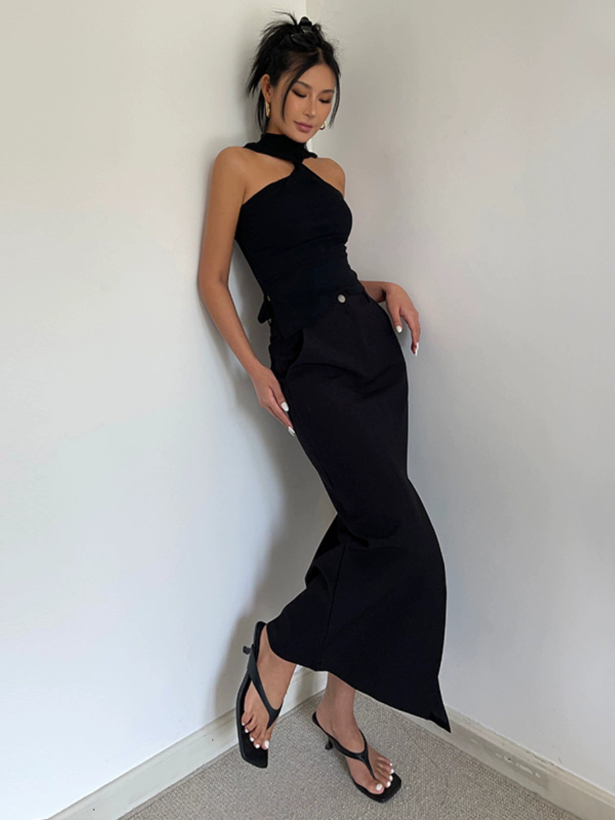 French Style Retro High Waist Front over the knee Sheer Slit Suit Skirt