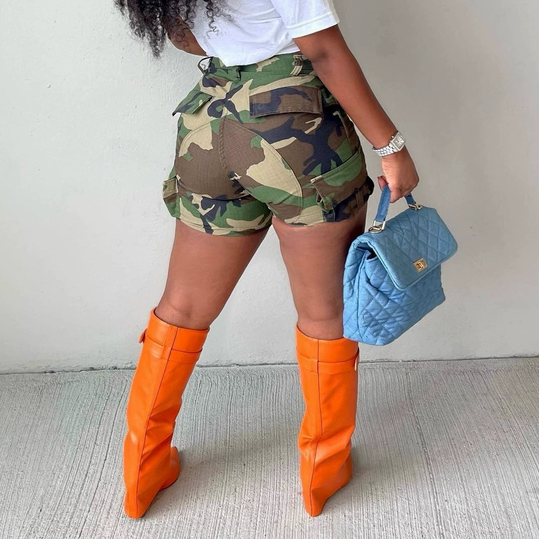 Printed High Printed Patch Pocket Shorts Print Zipper High Waist Patch Pocket Shorts