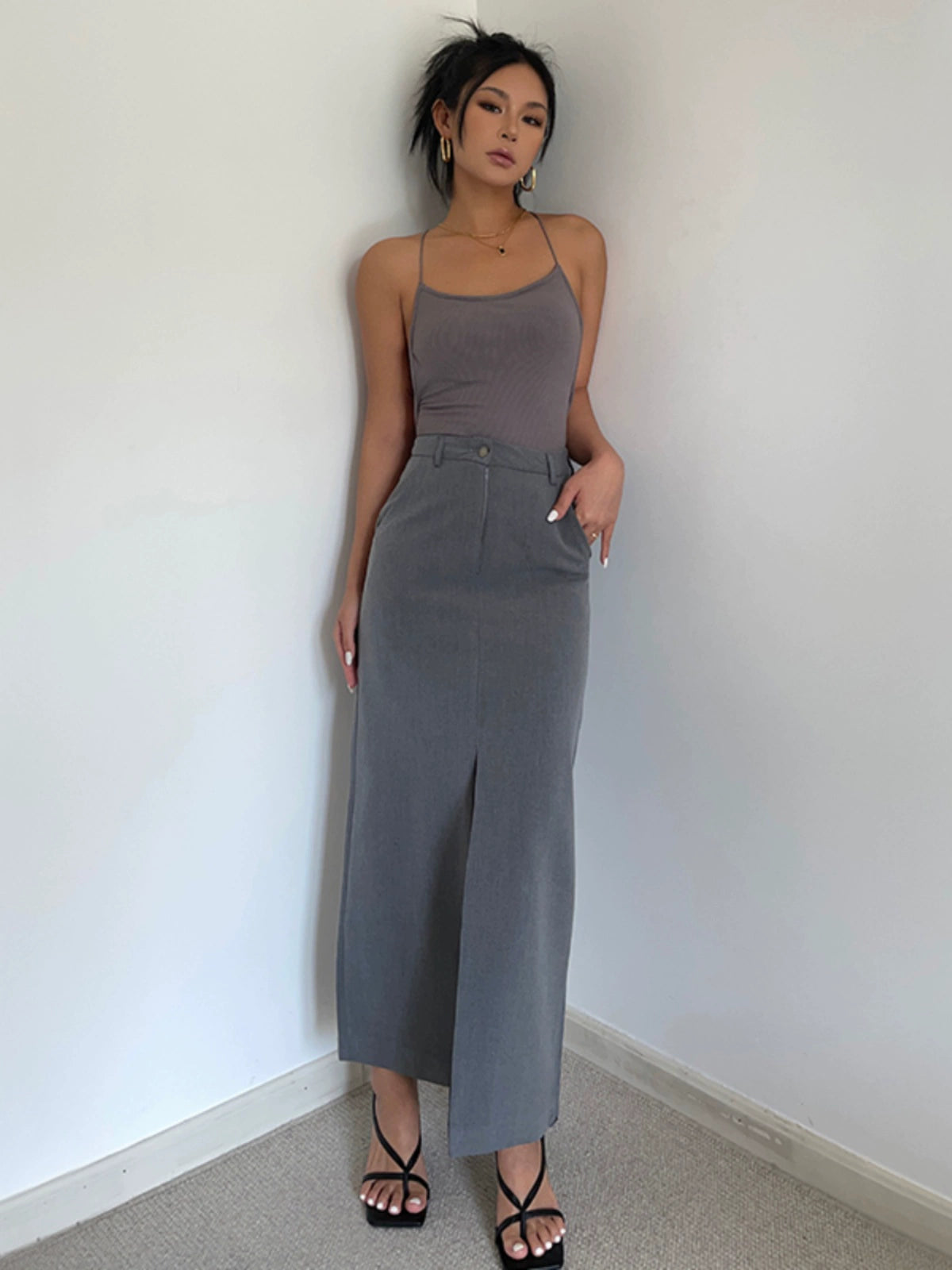 French Style Retro High Waist Front over the knee Sheer Slit Suit Skirt