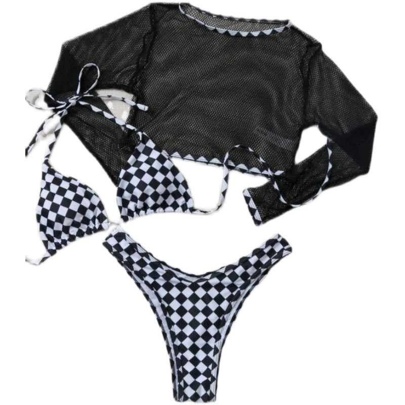 Plaid Chessboard Mesh 3-Piece Swimsuit Set with Sun Protection