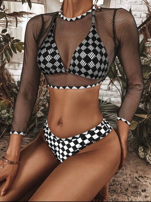 Plaid Chessboard Mesh 3-Piece Swimsuit Set with Sun Protection