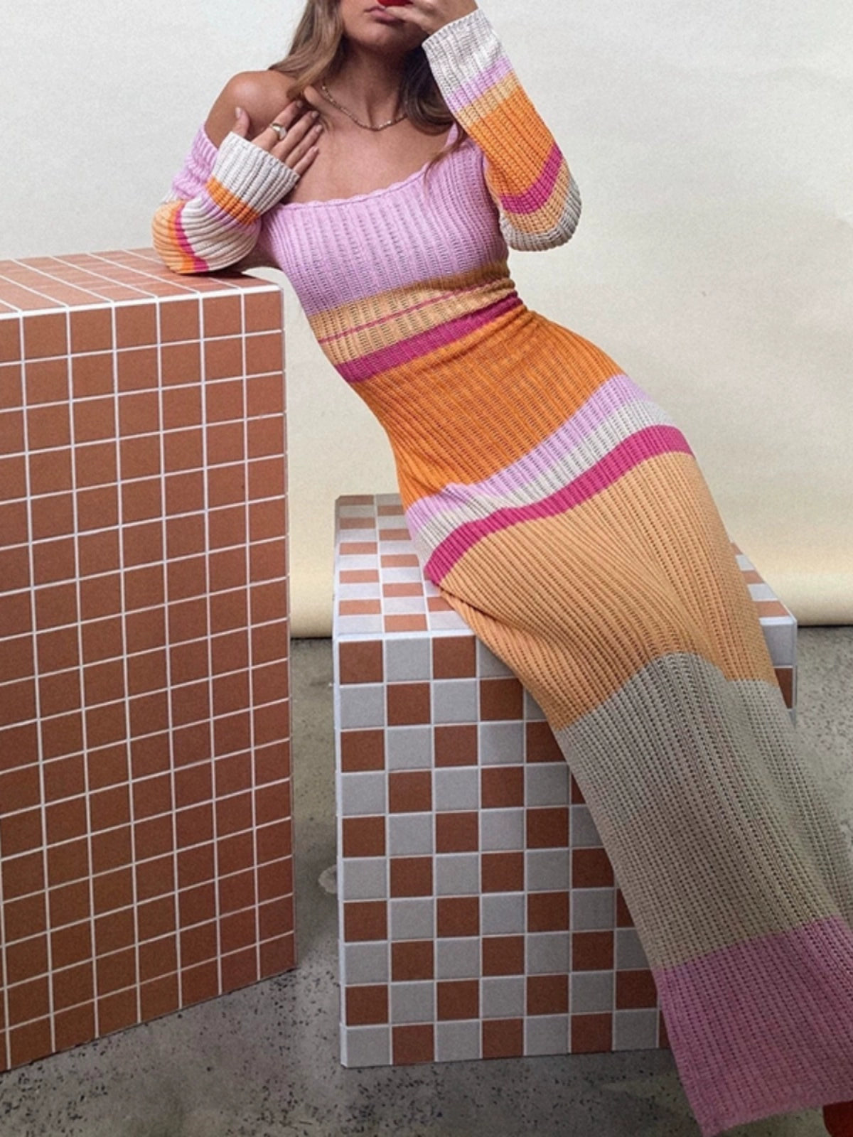 Hollow Long Sleeve Knit Sexy Cutout Dress