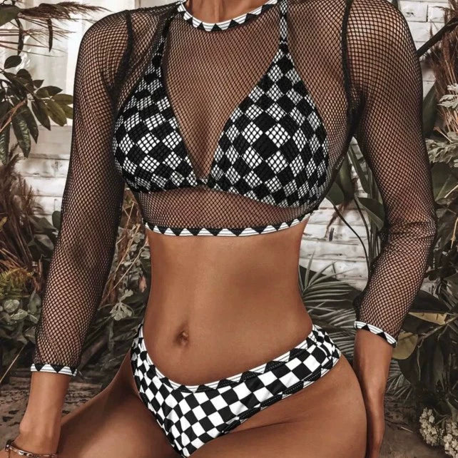 Plaid Chessboard Mesh 3-Piece Swimsuit Set with Sun Protection