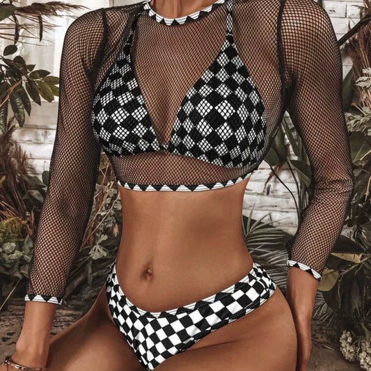 Plaid Chessboard Mesh 3-Piece Swimsuit Set with Sun Protection