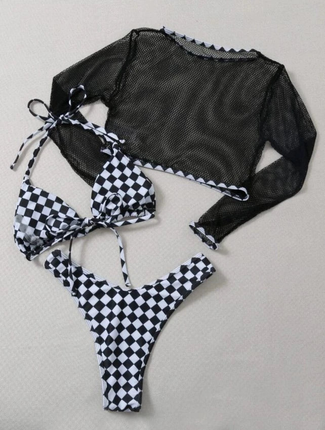 Plaid Chessboard Mesh 3-Piece Swimsuit Set with Sun Protection