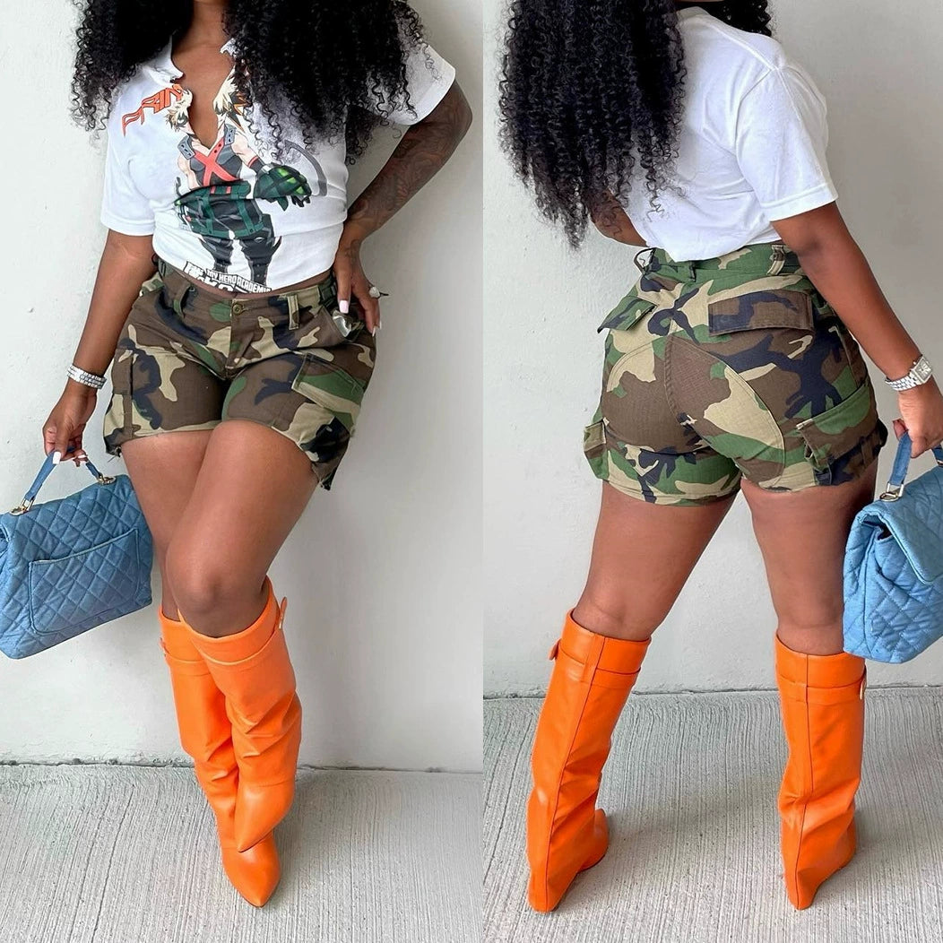 Printed High Printed Patch Pocket Shorts Print Zipper High Waist Patch Pocket Shorts