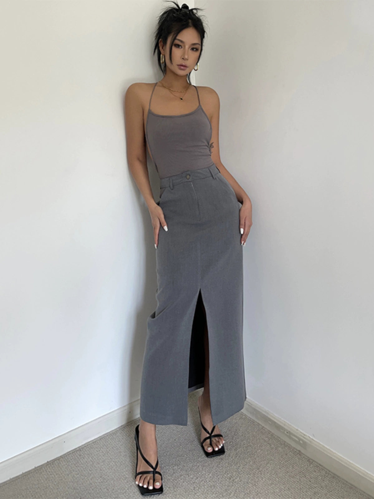 French Style Retro High Waist Front over the knee Sheer Slit Suit Skirt