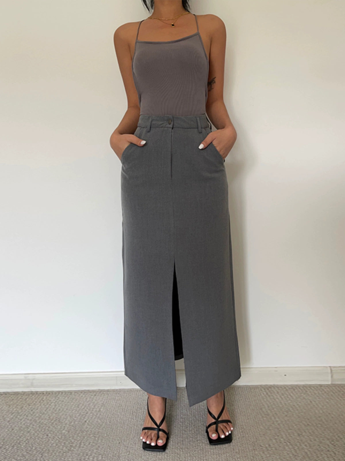 French Style Retro High Waist Front over the knee Sheer Slit Suit Skirt