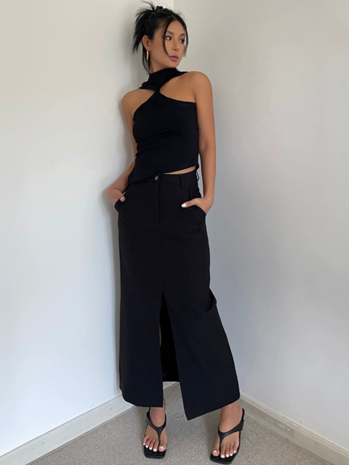 French Style Retro High Waist Front over the knee Sheer Slit Suit Skirt