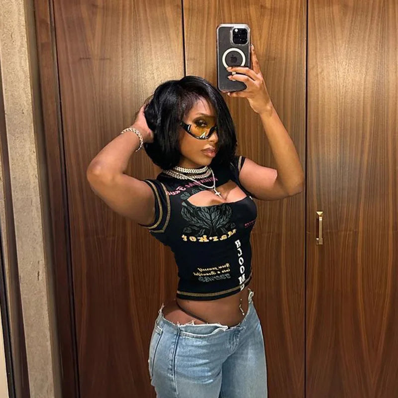 Graphic Black Cut Out Short Sleeve Crop Tops