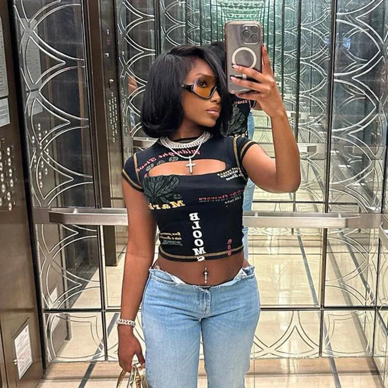 Graphic Black Cut Out Short Sleeve Crop Tops