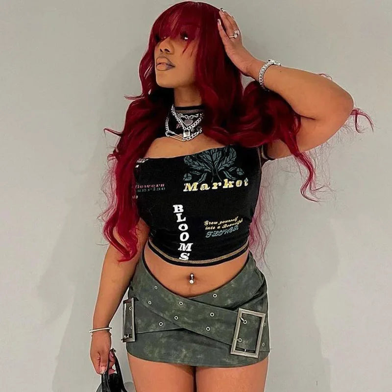 Graphic Black Cut Out Short Sleeve Crop Tops
