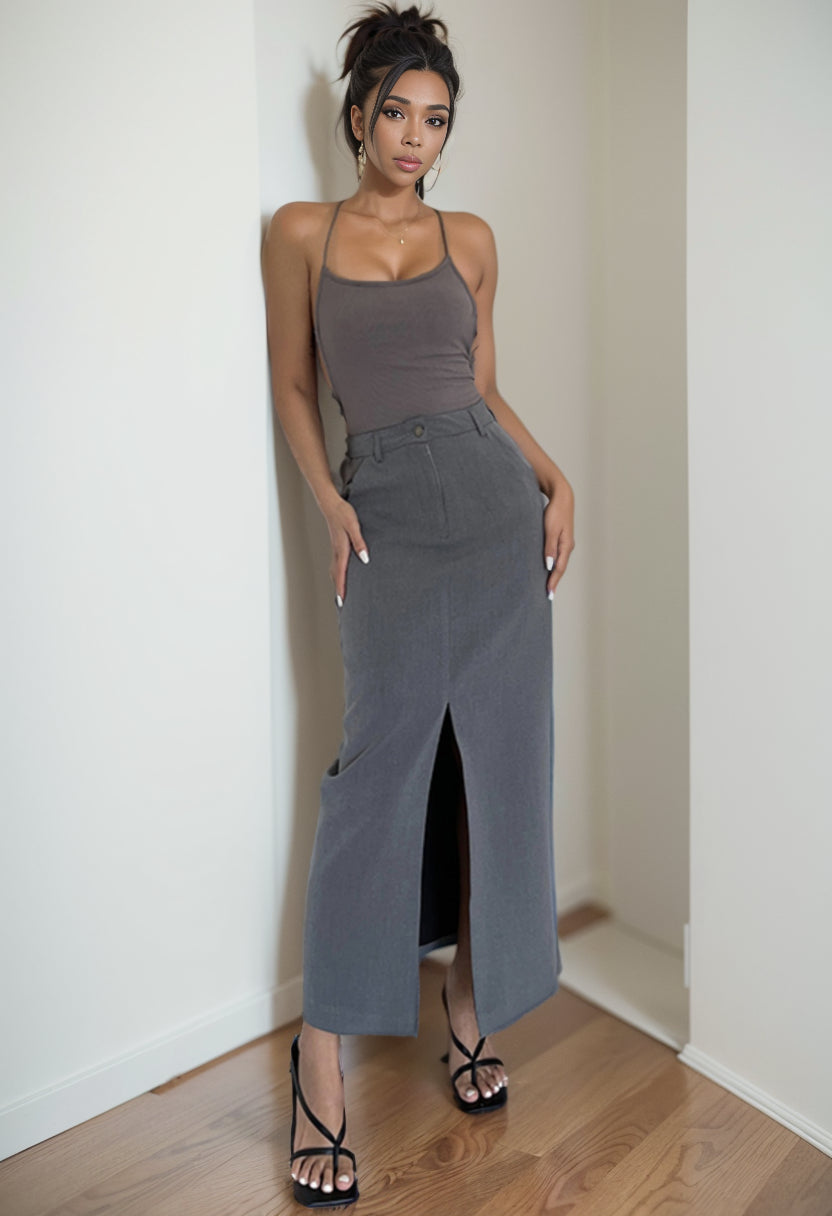 French Style Retro High Waist Front over the knee Sheer Slit Suit Skirt