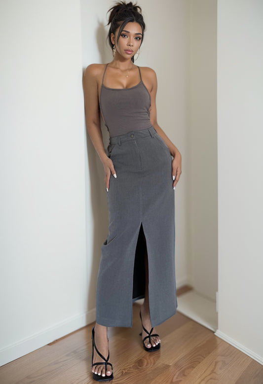 French Style Retro High Waist Front over the knee Sheer Slit Suit Skirt
