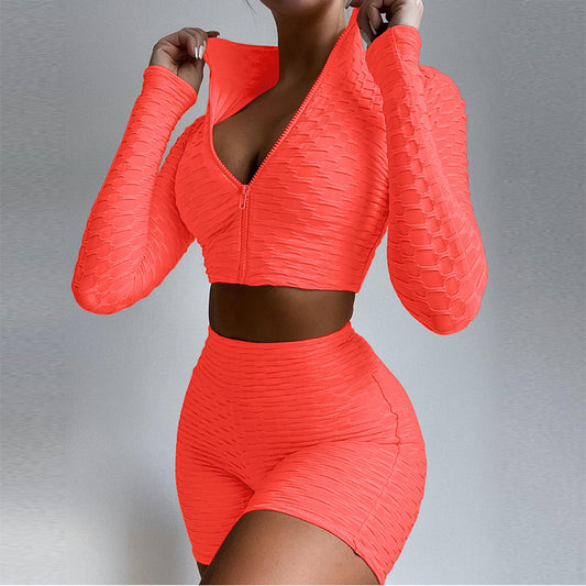 Zipper Collar Long Sleeve Crop Top High Waist Shorts Tracksuit