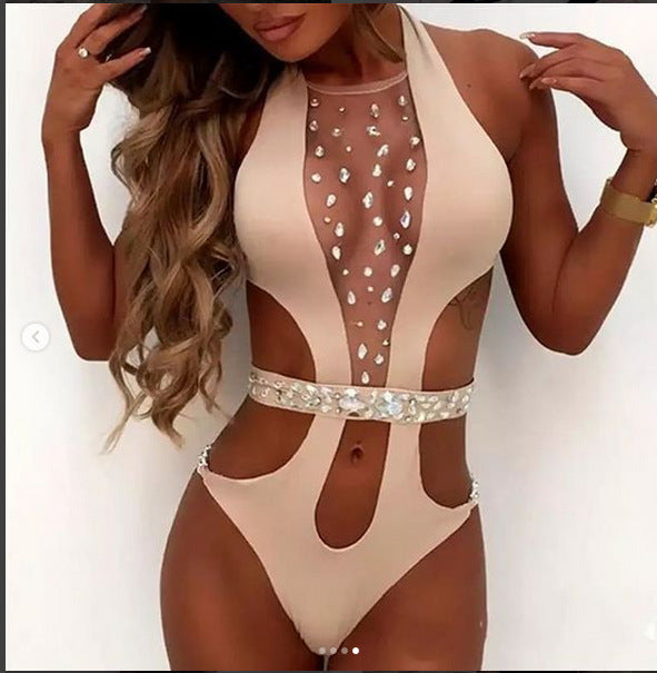 Sexy Women One Piece Swimwear Beachsets Lace Up Mesh Patchwork High Waist Thong Bathing Bodysuits Sets