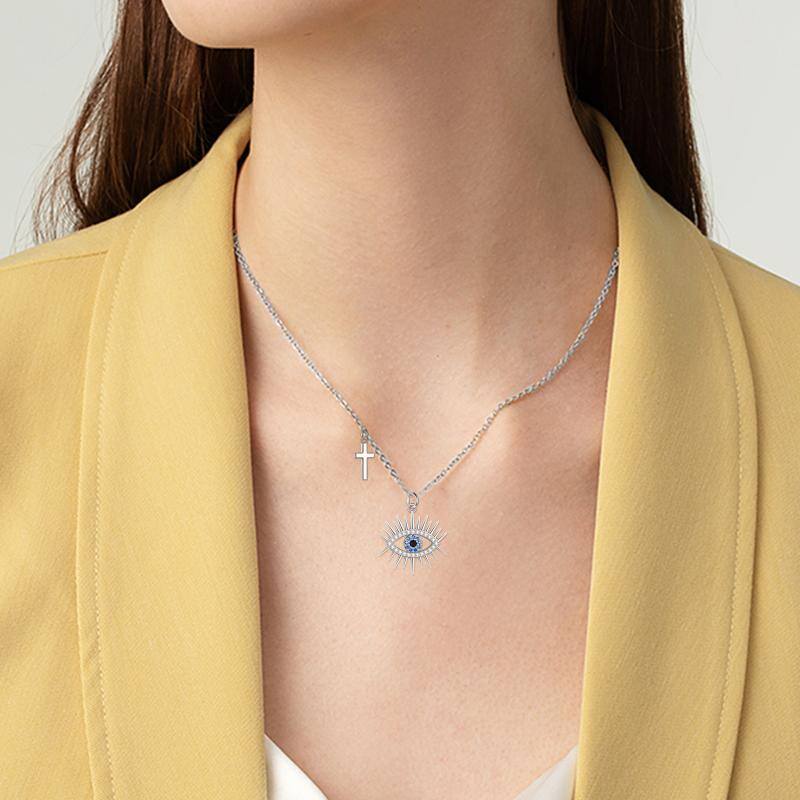 Evil Eye Necklace 925 Sterling Silver Cross Pendent Blue and White Good Luck Evil Eye Necklace - BLUTIFUL1