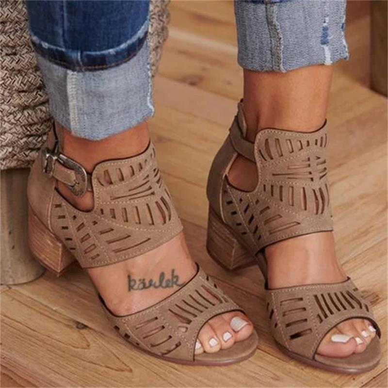 Cutout carved block heel sandals - BLUTIFUL1