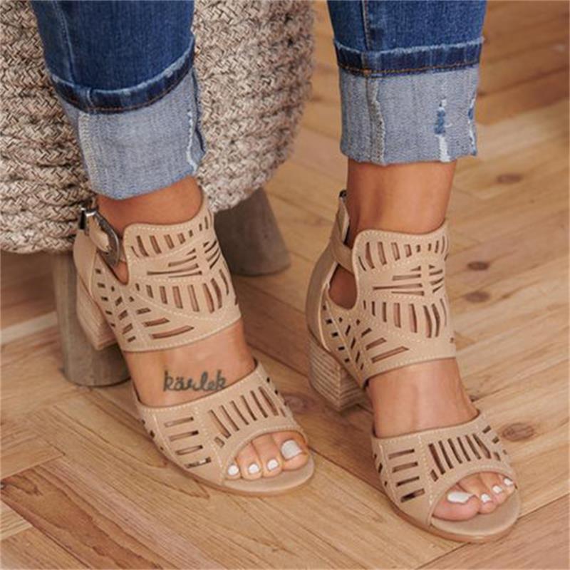 Cutout carved block heel sandals - BLUTIFUL1
