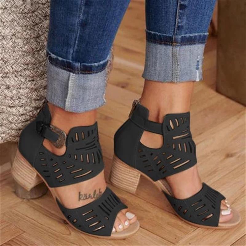 Cutout carved block heel sandals - BLUTIFUL1