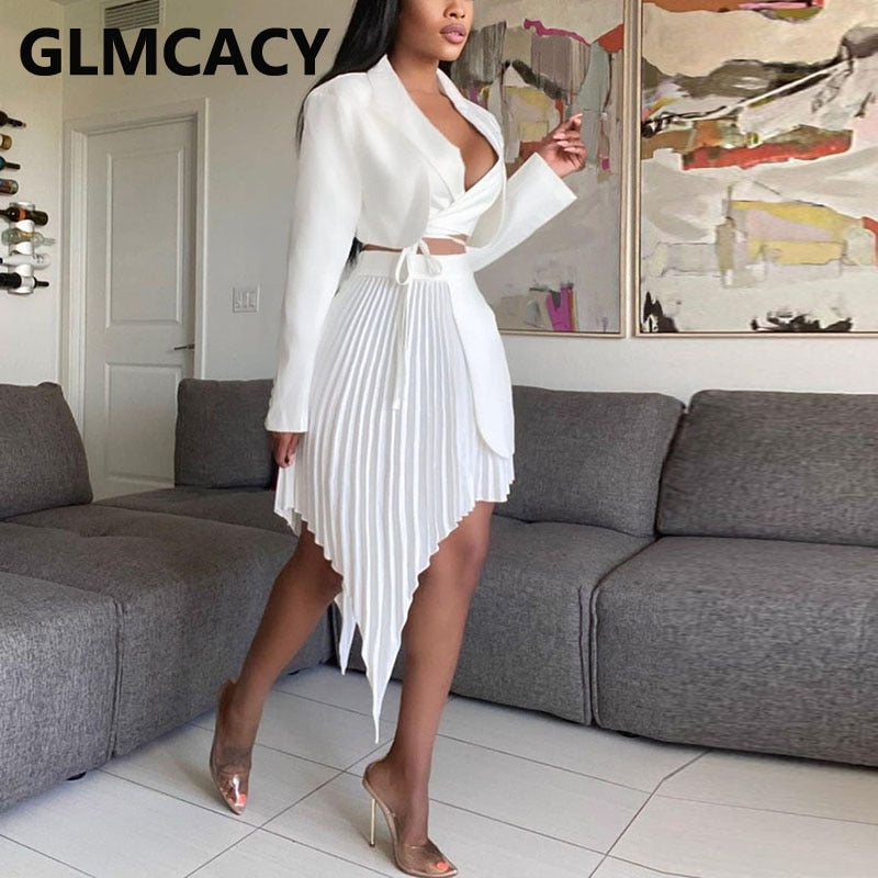 Women Two Piece Chic Dress Suits Long Sleeve Crop Top Jacket Blazer & Irregular Pleated Skirt Set - BLUTIFUL1