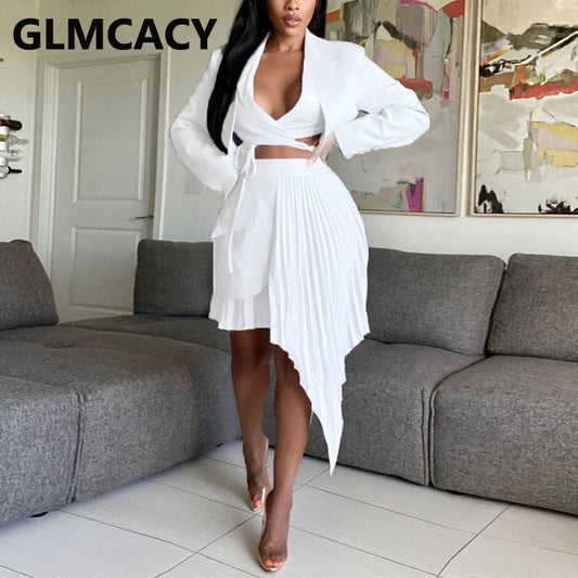 Women Two Piece Chic Dress Suits Long Sleeve Crop Top Jacket Blazer & Irregular Pleated Skirt Set - BLUTIFUL1