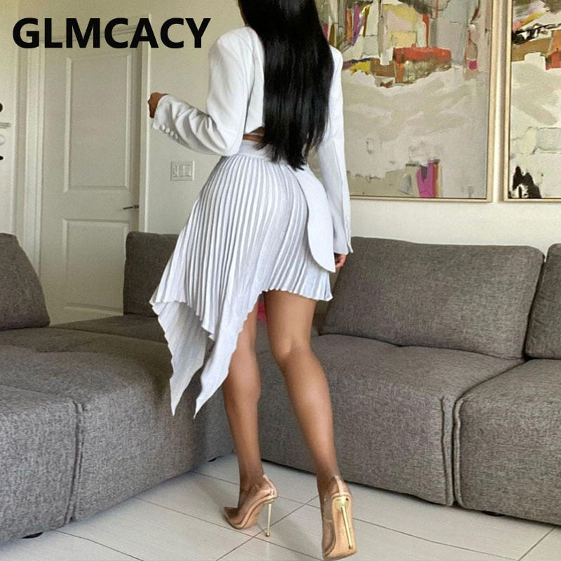 Women Two Piece Chic Dress Suits Long Sleeve Crop Top Jacket Blazer & Irregular Pleated Skirt Set - BLUTIFUL1