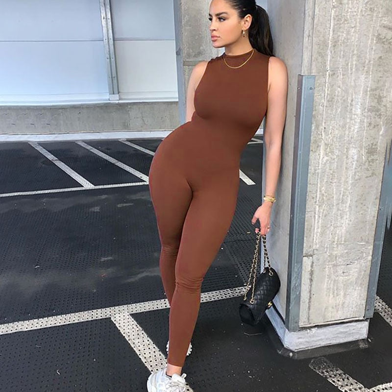 Solid Jumpsuit  Casual O Neck Sleeveless Pencil Pants Body Sportswear Fitness Bodycon Romper - BLUTIFUL1