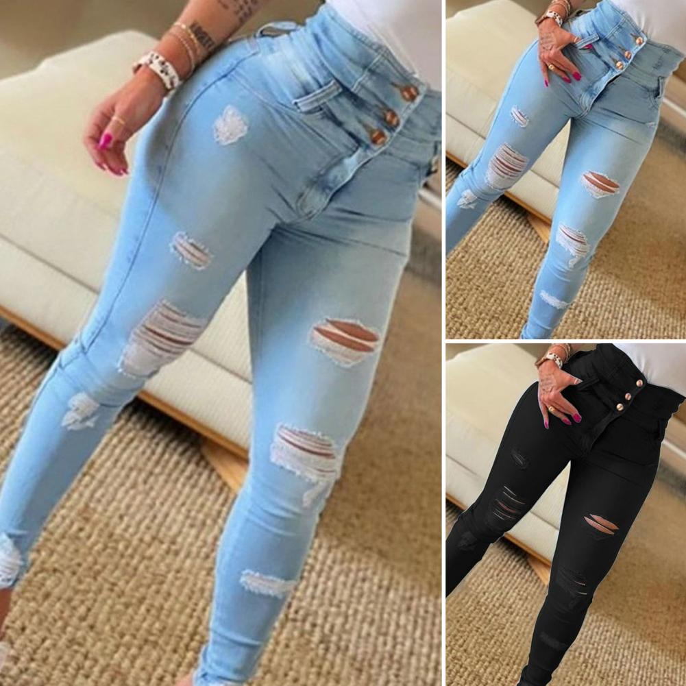 Skinny Single Breasted Button Fly Distressed Ripped High Waist Denim Pencil Pants