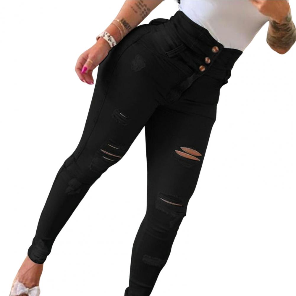 Skinny Single Breasted Button Fly Distressed Ripped High Waist Denim Pencil Pants