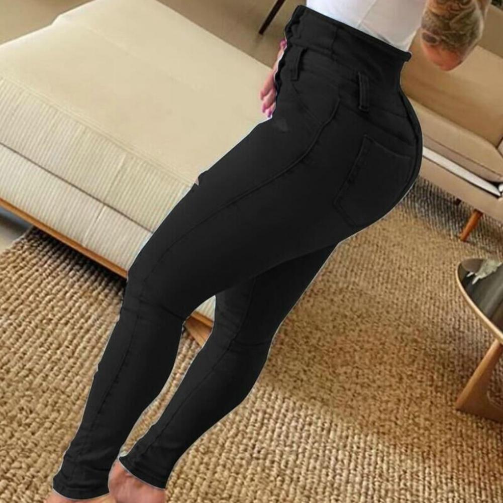 Skinny Single Breasted Button Fly Distressed Ripped High Waist Denim Pencil Pants
