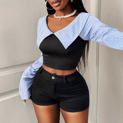 Striped One-shoulder Chic Long-sleeved Shirt