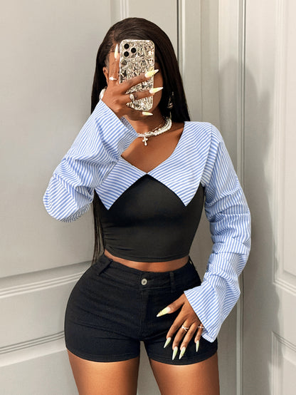 Striped One-shoulder Chic Long-sleeved Shirt