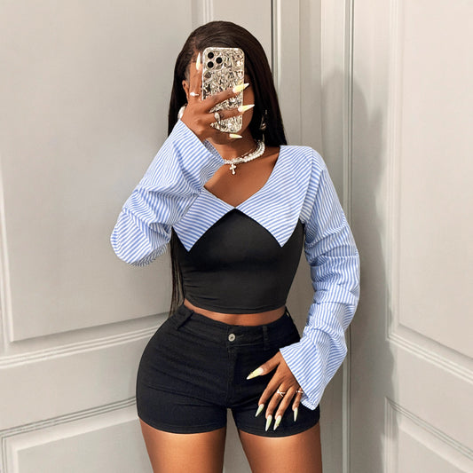 Striped One-shoulder Chic Long-sleeved Shirt