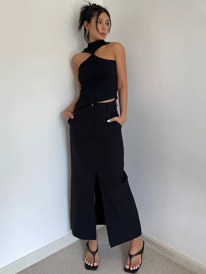 French Style Retro High Waist Front over the knee Sheer Slit Suit Skirt