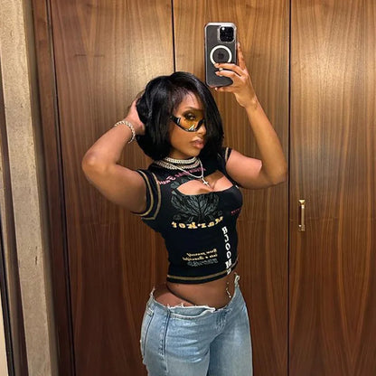 Graphic Black Cut Out Short Sleeve Crop Tops