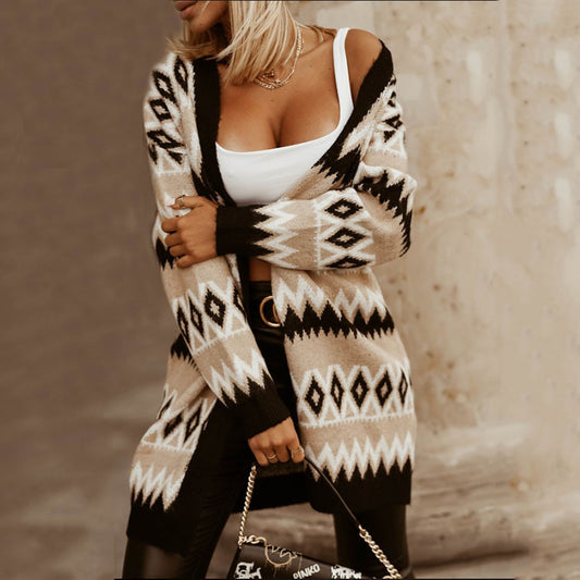 Women's V-neck Rhombus-Check Contrast-Color Mid-length Sweater Coat