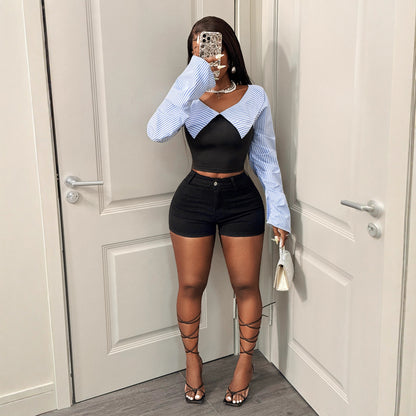 Striped One-shoulder Chic Long-sleeved Shirt