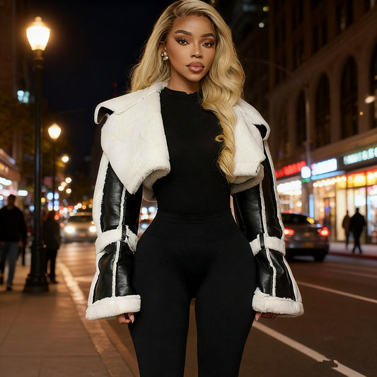 A Short Crop Top With A Fashionable Street PU Leather Patchwork Fur Collar