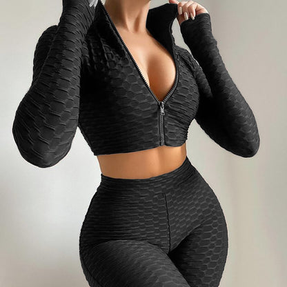 Zipper Collar Long Sleeve Crop Top High Waist Shorts Tracksuit