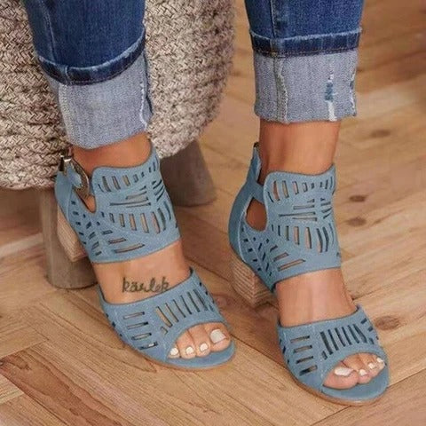 Cutout carved block heel sandals - BLUTIFUL1