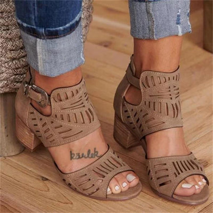 Cutout carved block heel sandals - BLUTIFUL1
