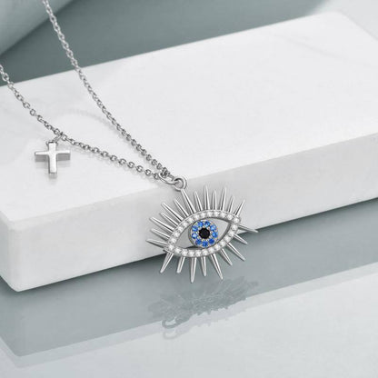 Evil Eye Necklace 925 Sterling Silver Cross Pendent Blue and White Good Luck Evil Eye Necklace - BLUTIFUL1