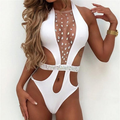 Sexy Women One Piece Swimwear Beachsets Lace Up Mesh Patchwork High Waist Thong Bathing Bodysuits Sets