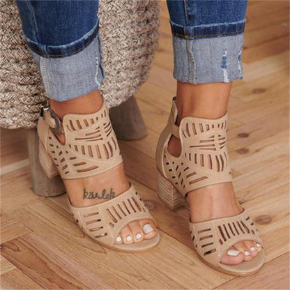 Cutout carved block heel sandals - BLUTIFUL1