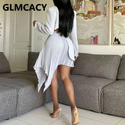 Women Two Piece Chic Dress Suits Long Sleeve Crop Top Jacket Blazer &amp; Irregular Pleated Skirt Set - BLUTIFUL1