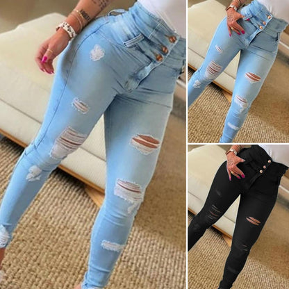 Skinny Single Breasted Button Fly Distressed Ripped High Waist Denim Pencil Pants